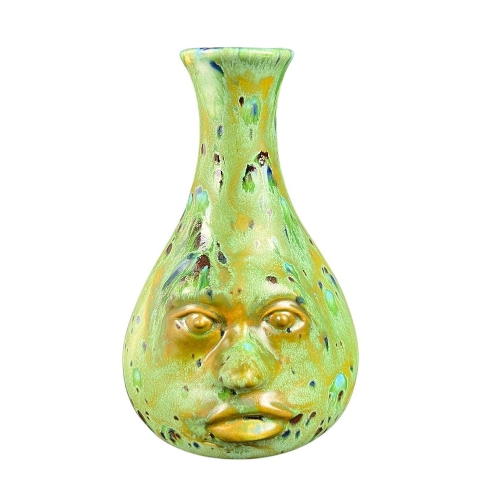 Face Vase Forest Gnome Pottery Green 7" Studio Art OOAK Signed Made In Wyoming